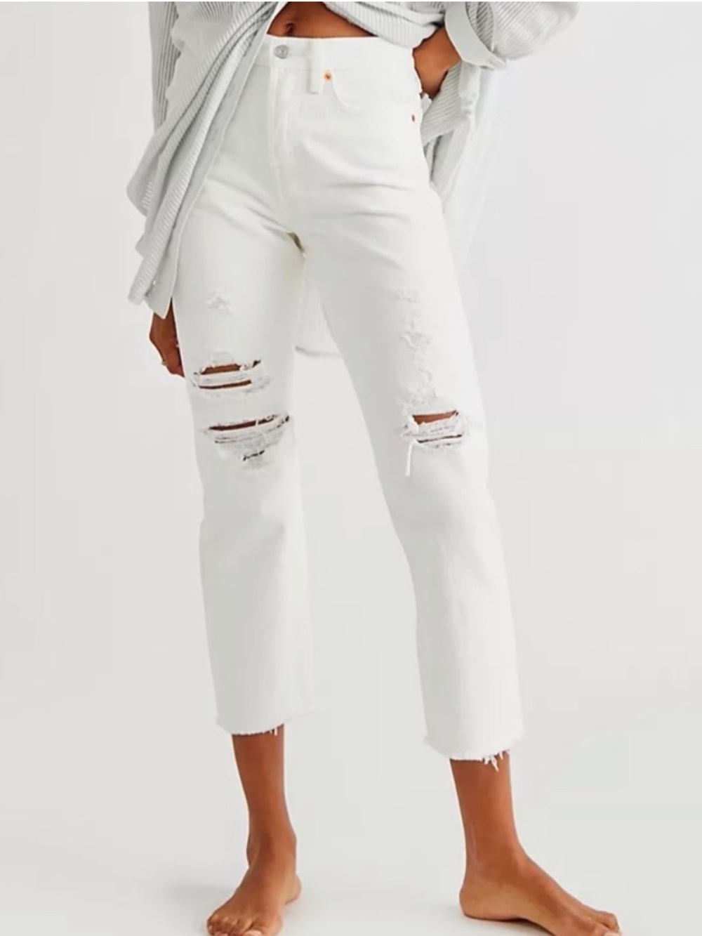 LEVI'S White Wedgie Straight Distressed Button Fly Crop Leg Denim Jeans Size 26